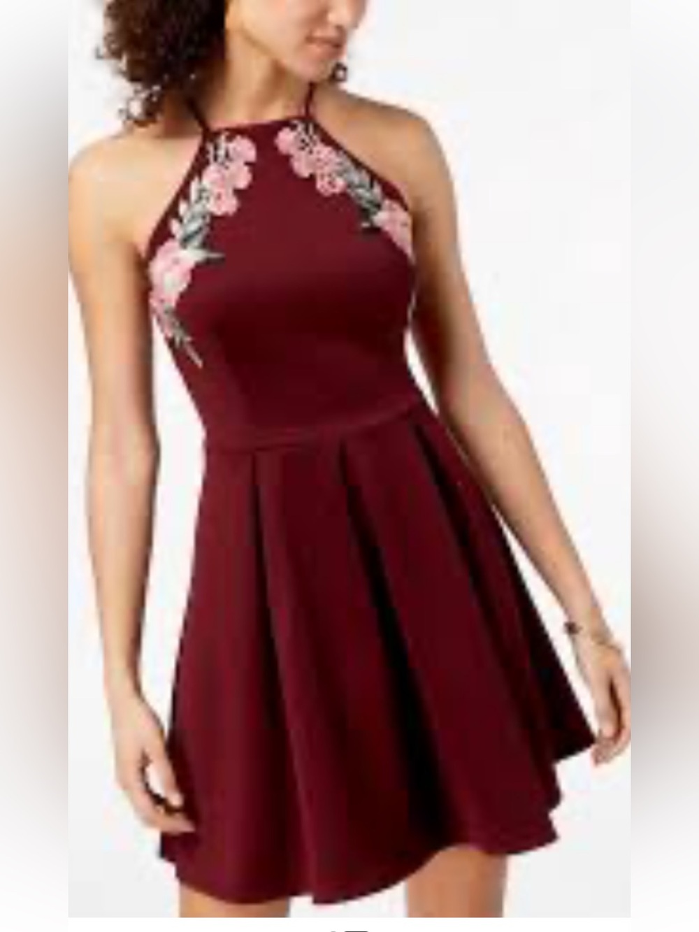 B Darlin Burgundy Halter Mini Dress with Pink Floral Embroidery